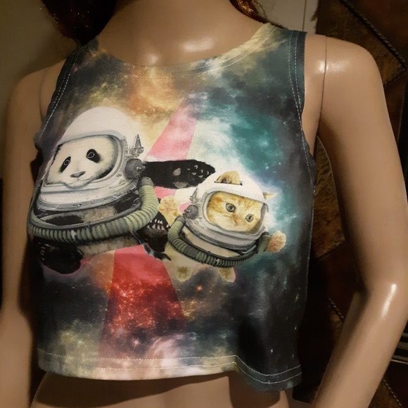 🎉NWOT! Pink Star Dust Cat & Panda Crop Top Sz S🎉 - Picture 3 of 8